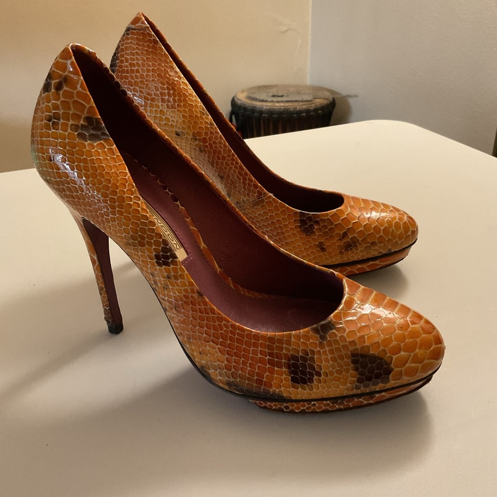 Orange Snakeskin Platform High-Heel Pumps